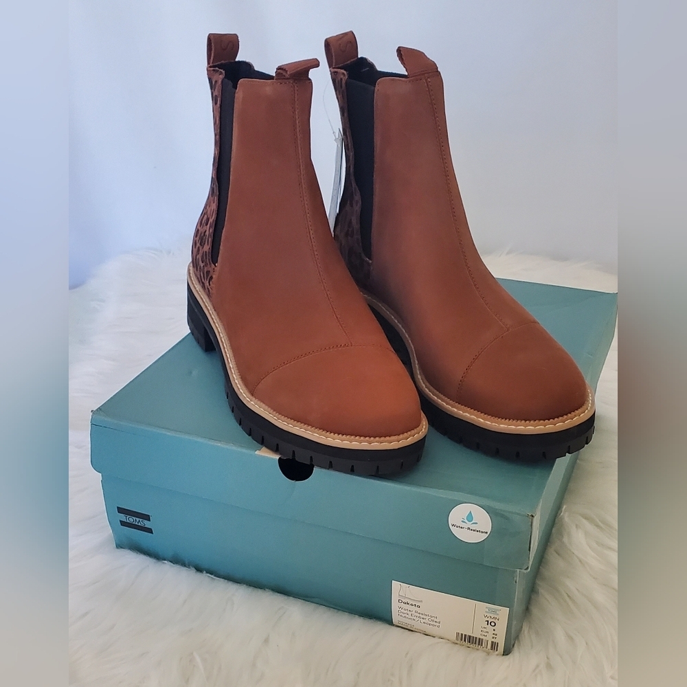 Toms Dakota Leather Leopard Dark Ember Oiled Chelsea Womens Ankle Boots Size 10 - Picture 4 of 12